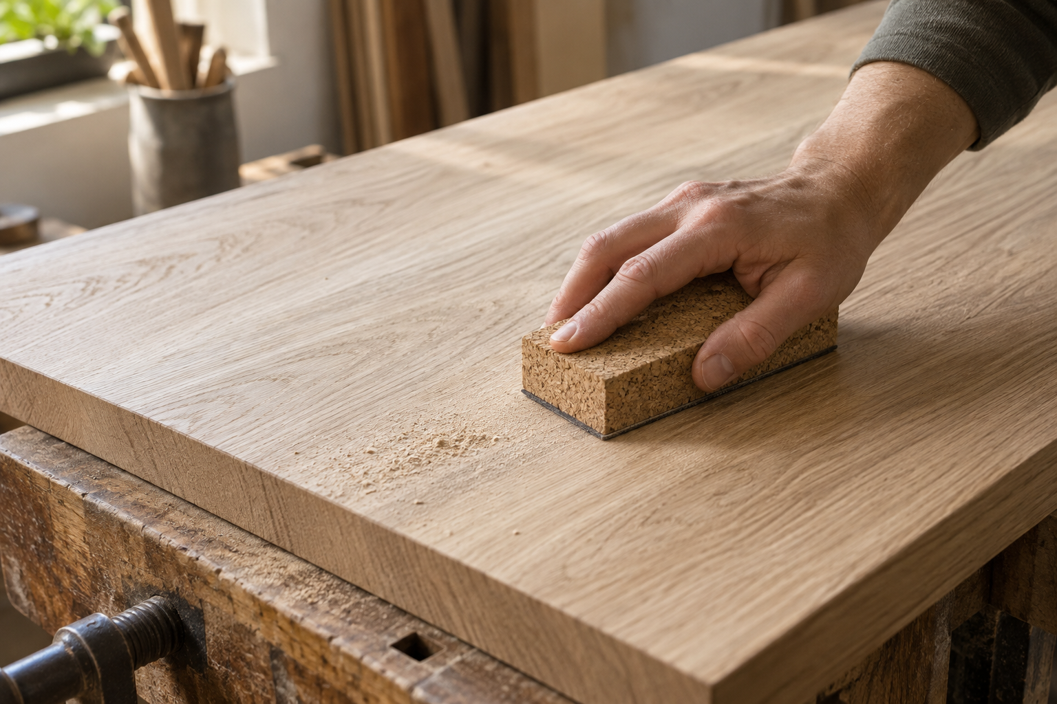 A wide wooden panel being sanded flat