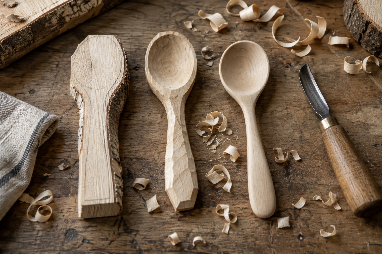 Carving tools and wooden spoons at different stages