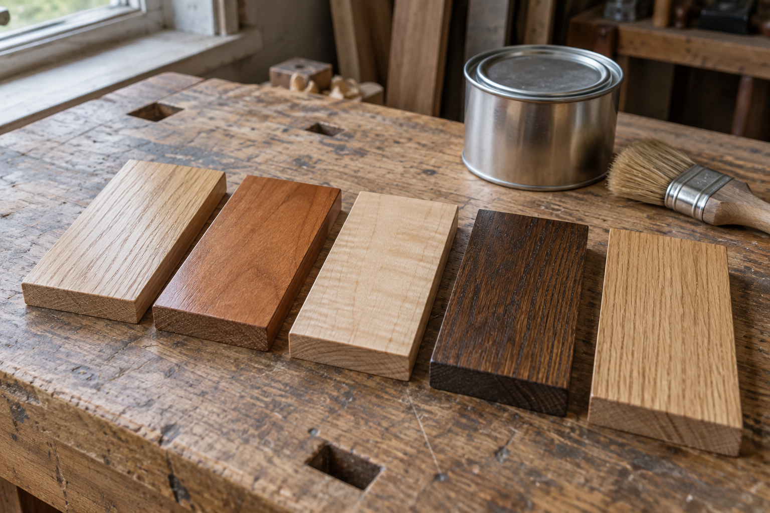 Wood finish samples arranged on a workbench