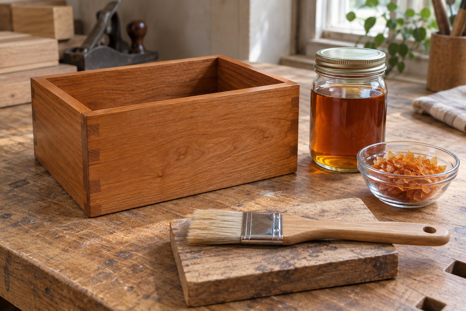 Wooden box beside shellac flakes, amber solution and a brush