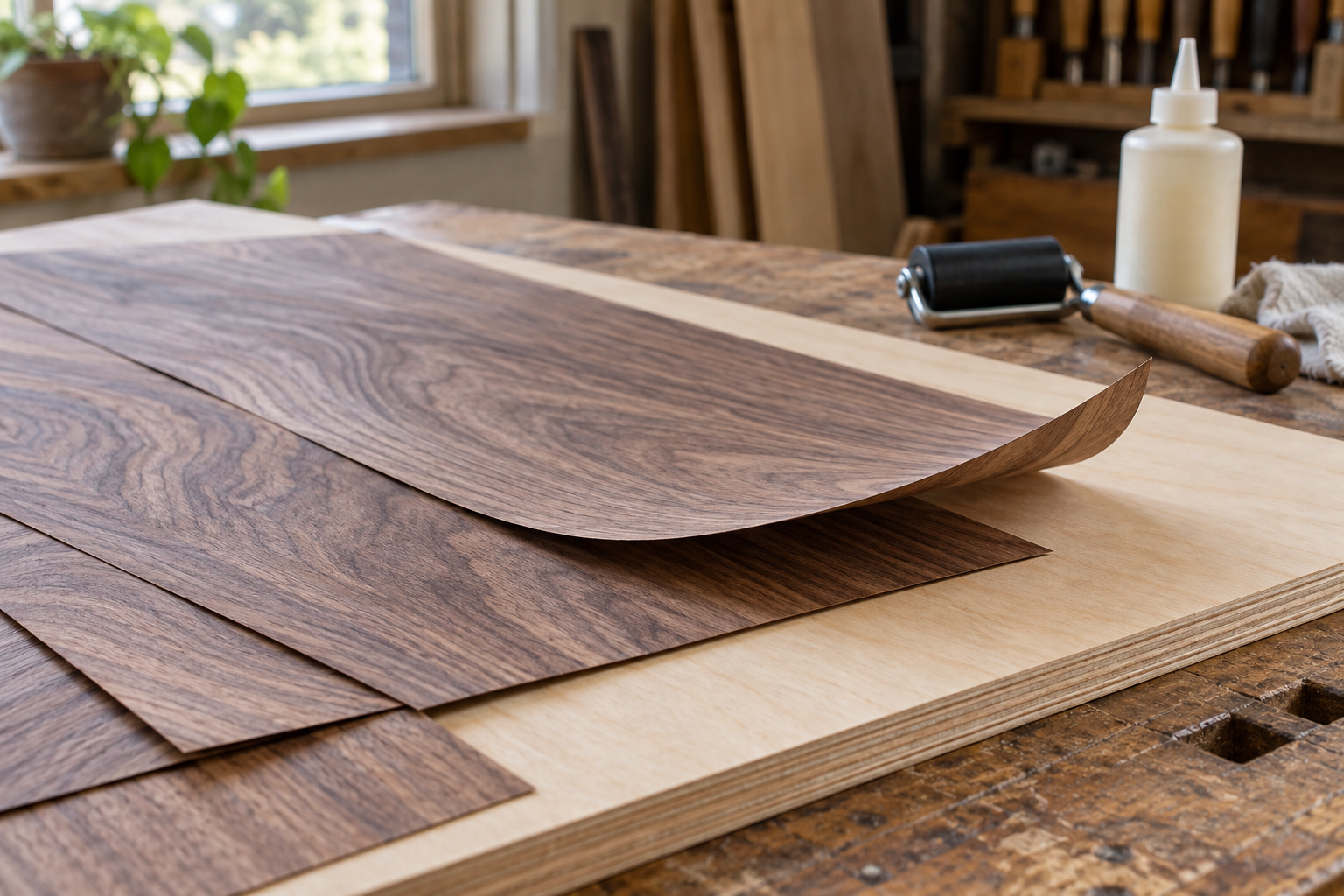 Thin walnut veneer sheets on a plywood panel